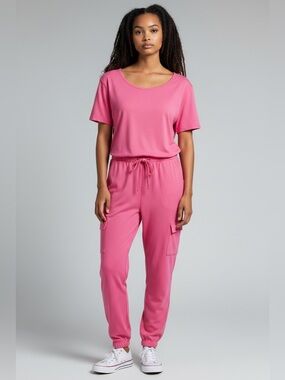 Hot Pink Short-Sleeve Jumpsuit with Drawstring Waist